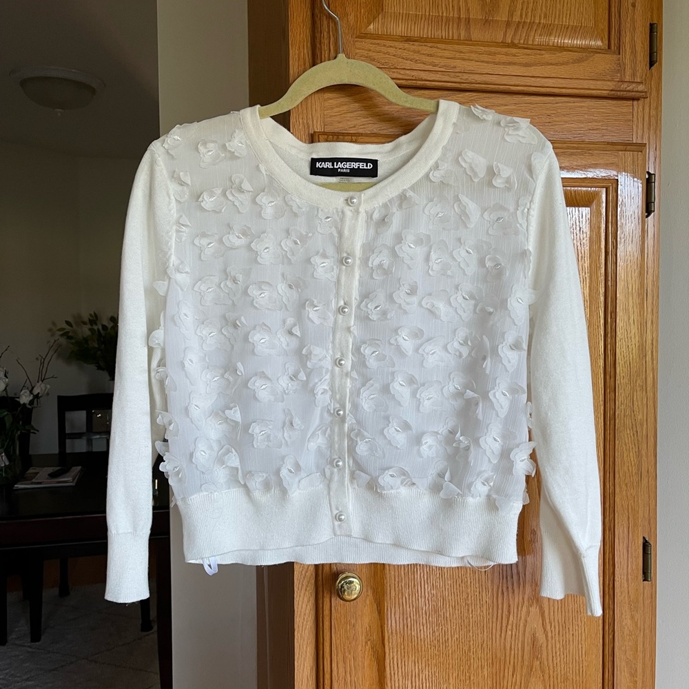 Karl Lagerfeld White Butterfly Petal Buttoned Cardigan